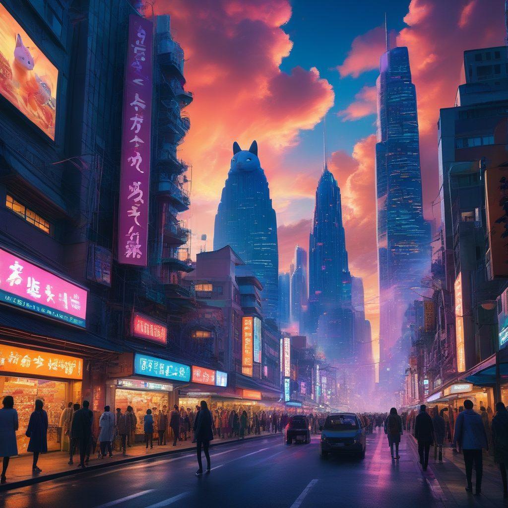 A surreal blend of fantasy and reality, depicting a vibrant cityscape where fantastical elements of hentai characters interact with everyday life. The foreground features a creative fusion of whimsical creatures in a lively urban setting, while the background displays towering skyscrapers under a whimsical sky. This representation captures the intriguing intersection of imagination and modern adult entertainment culture. vivid colors. digital art. cinematic lighting.