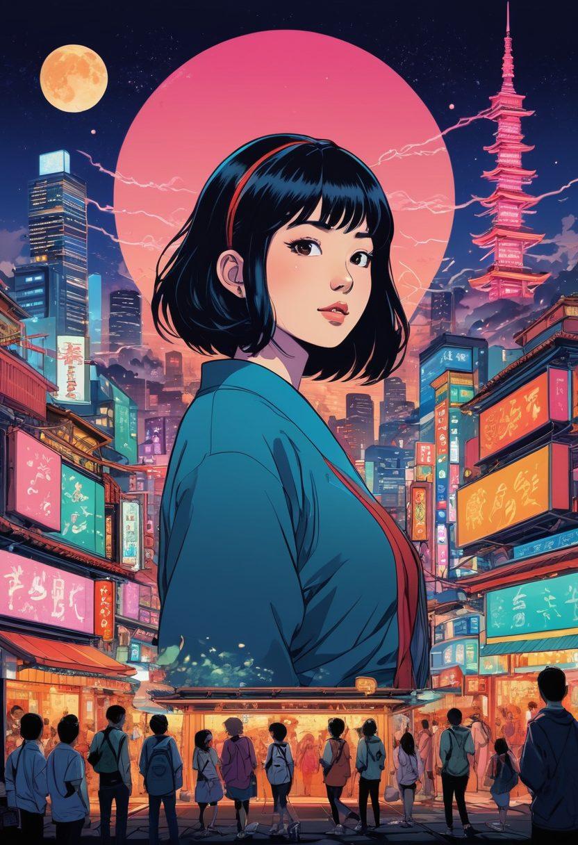 A vibrant, stylized collage representing the Hentai community, featuring playful, colorful characters engaged in various activities like art creation, discussion, and exploration. Incorporate elements of both traditional Japanese culture and modern digital art, showcasing a variety of artistic styles and expressions. Add subtle hints of controversies through thought bubbles or symbolic imagery. The background should blend an urban and fantasy aesthetic, inviting curiosity and imagination. dynamic illustration, vibrant colors, anime style.