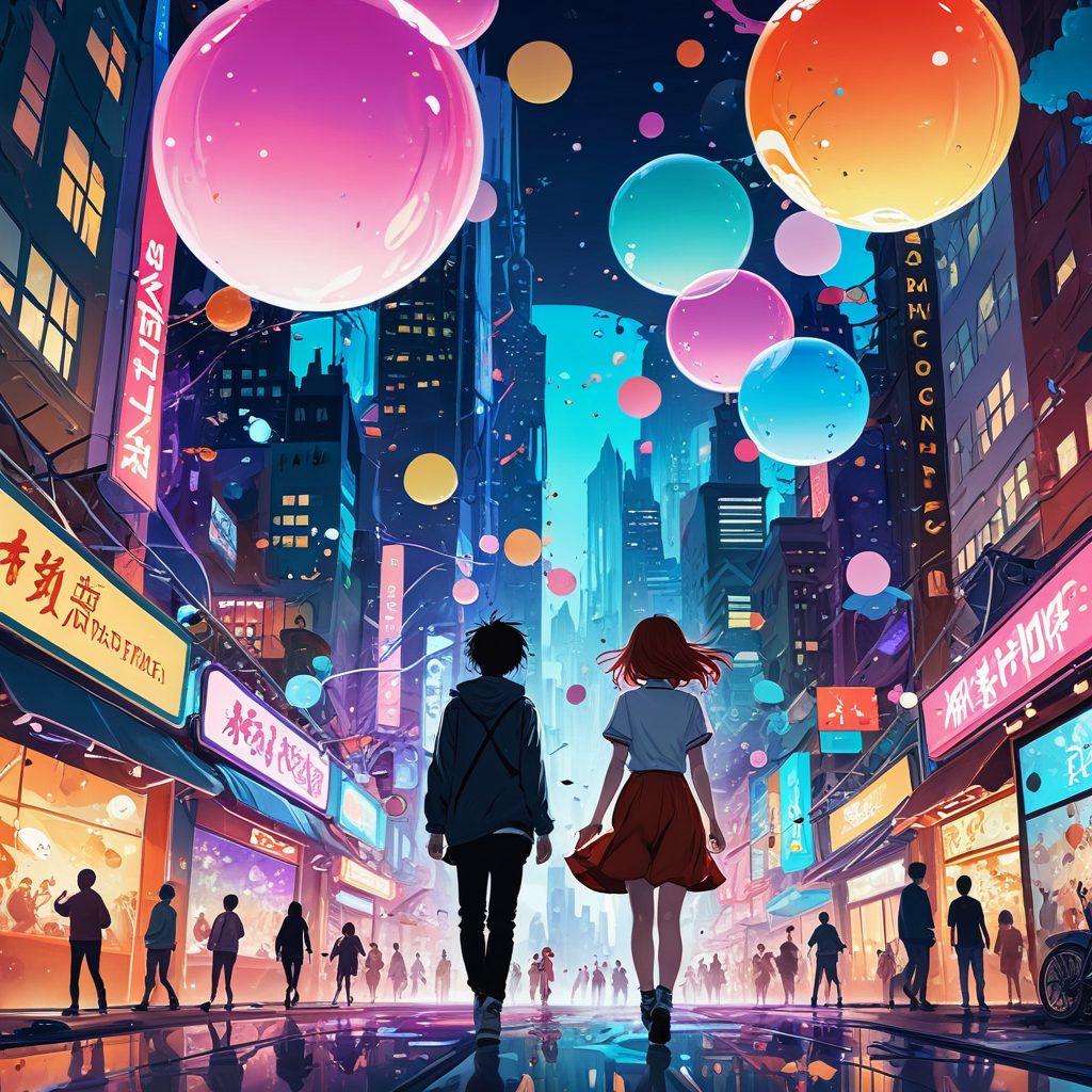 An immersive scene showcasing a dynamic blend of anime and manga characters engaged in imaginative and artistic expressions, surrounded by colorful bubbles and abstract shapes representing the adult entertainment theme. Include elements of fantasy and adventure, with a whimsical background featuring vibrant cityscapes and surreal landscapes. The characters should convey emotions of exploration and curiosity. vibrant colors. digital painting. dynamic composition.